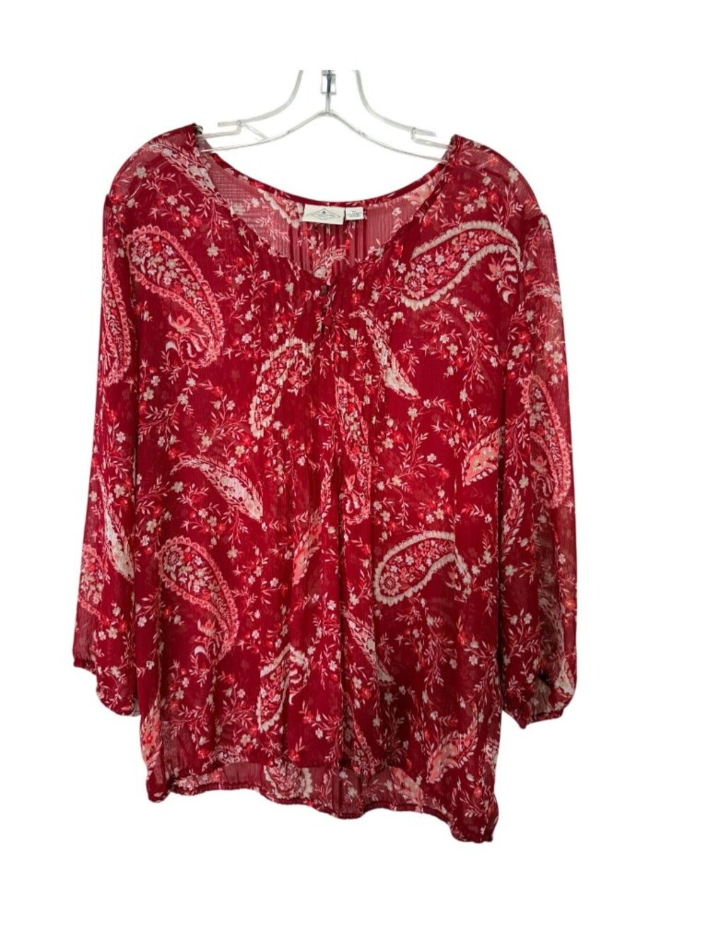 St. John’s Bay Women’s XL Red Paisley Peasant Blouse Sheer Long Sleeve